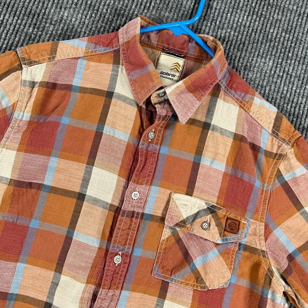 Solaris Outdoors Shirt Mens Medium Orange Plaid Short Sleeve Button Up Casual